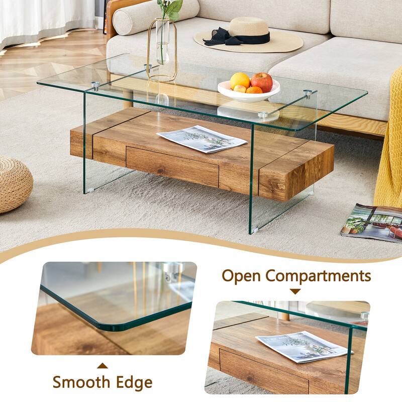 43.3 Inch Double Layer Coffee Table Storage Side Table with Open Storage Shelves, Drawers Glass Center Table End Table