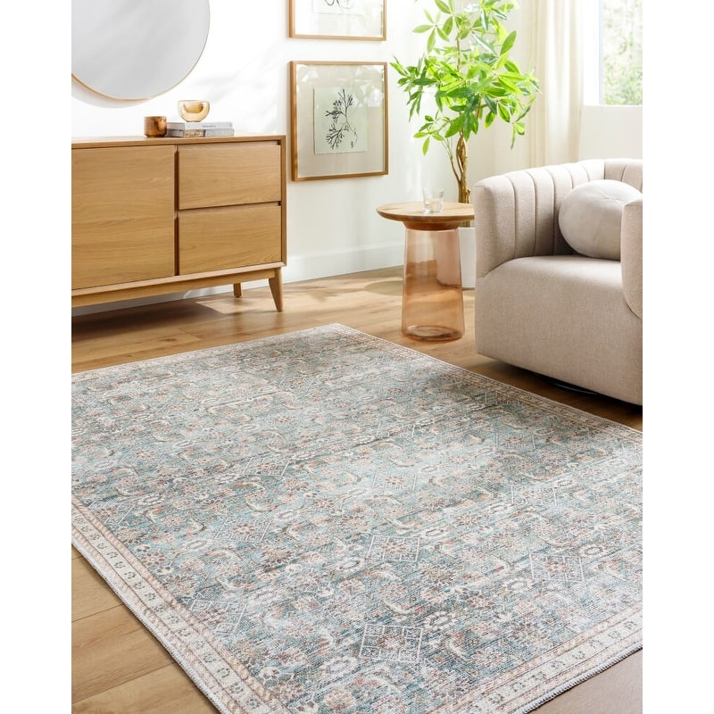 Livabliss Amelie Traditional Washable Area Rug - 6'7" x 9' - Teal/Brown