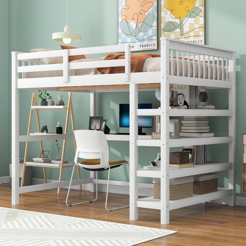 Full/Twin Loft Bed with Integrated Desk and Shelves, Space-Saving Wooden Frame, Durable Pine Wood and MDF, Guardrails Included - White - Full