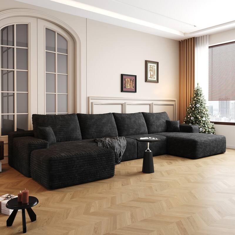 Floor Standing Chaise Lounge Couch Corduroy Upholstered Sectional Sofa Living Room Modular Deep Seat Sofa with Ottoman - Black