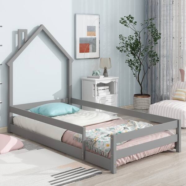 slide 2 of 7, Floor Bed Frame with Fences, Twin Size Pine Wood Platform Floor Bed with House-shaped Headboard for Girls, Boys Bedroom, Grey Twin - Grey