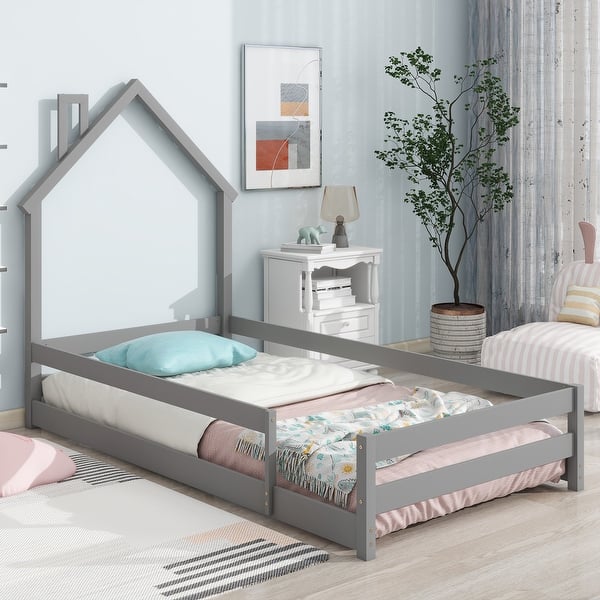 slide 2 of 21, Wood Bed with House-Shaped Headboard Floor Bed with Fences