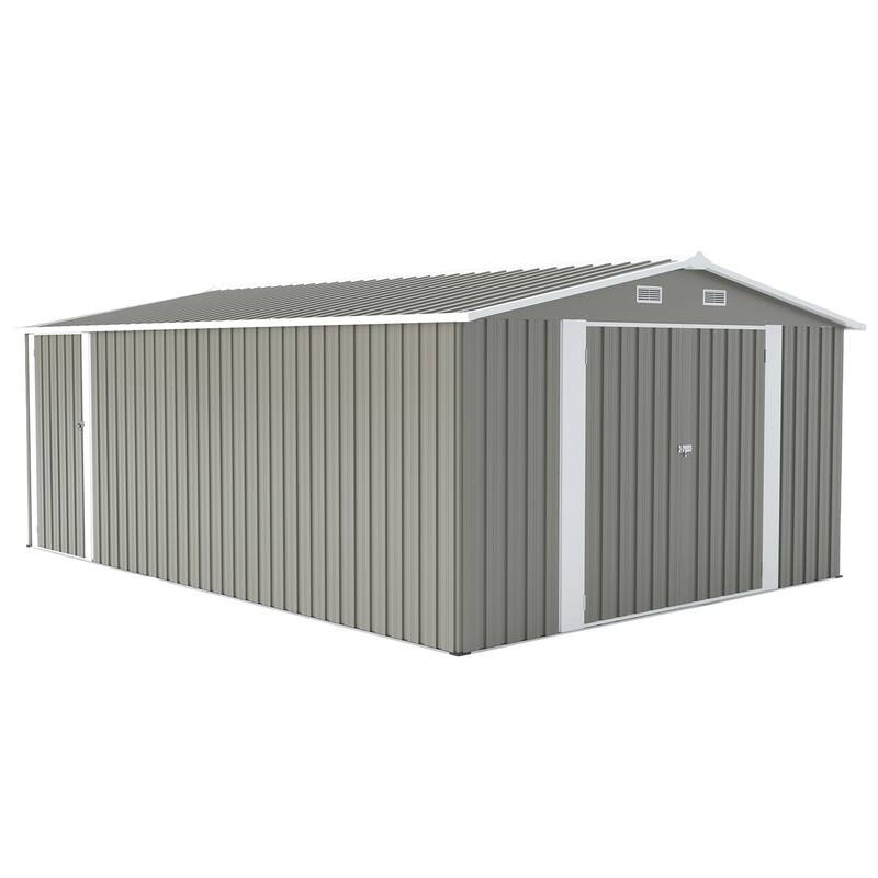 Outdoor Storage Shed - 10×14 FT Dimensions, Triple Lockable Doors, Metal Frame Construction, 4 Ventilation Openings. - Light Gray