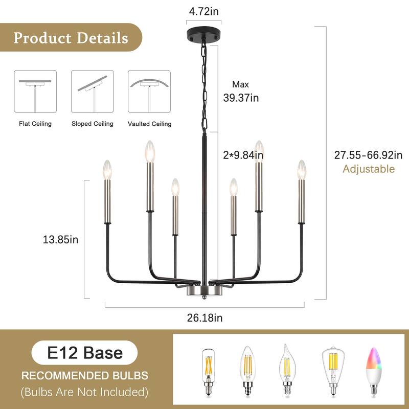 6-Light W26.18" x H66.92" Candle Chandelier for Living Room Kitchen Island