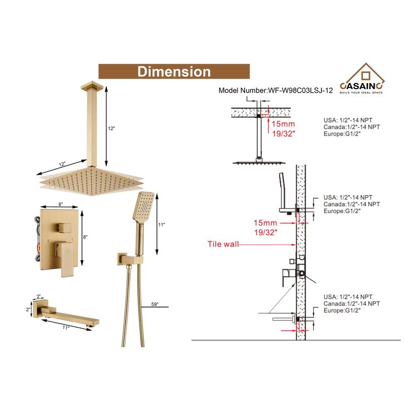 12-inch Square Waterfall Shower Head System(Gold)
