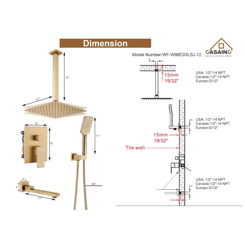Wall-Mounted Tub Shower Faucets Set with Pre-embedded Valve, 12-inch Square Waterfall Shower Head System(Gold)
