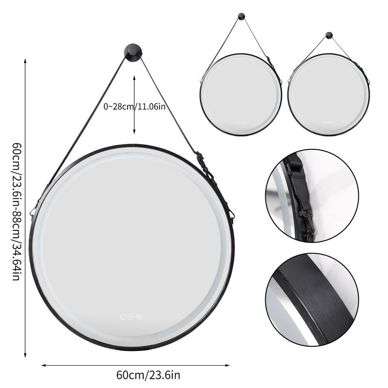Black Metal Frame Round Mirror with LED Lights Bathroom