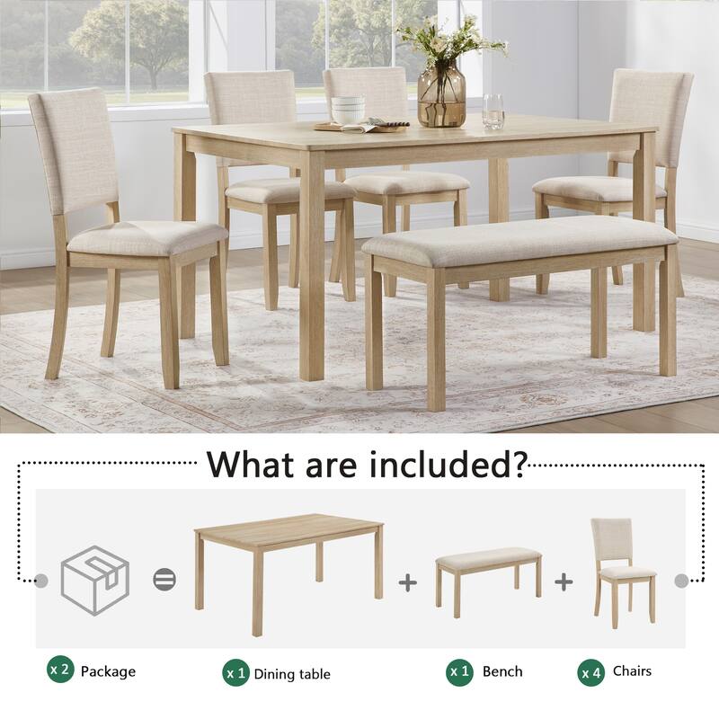 6-Piece Solid Wood Dining Table Set, Including 1 Dining Table, 4 Chairs & 1 Bench, Kitchen Dining Table & Chair Set for 6