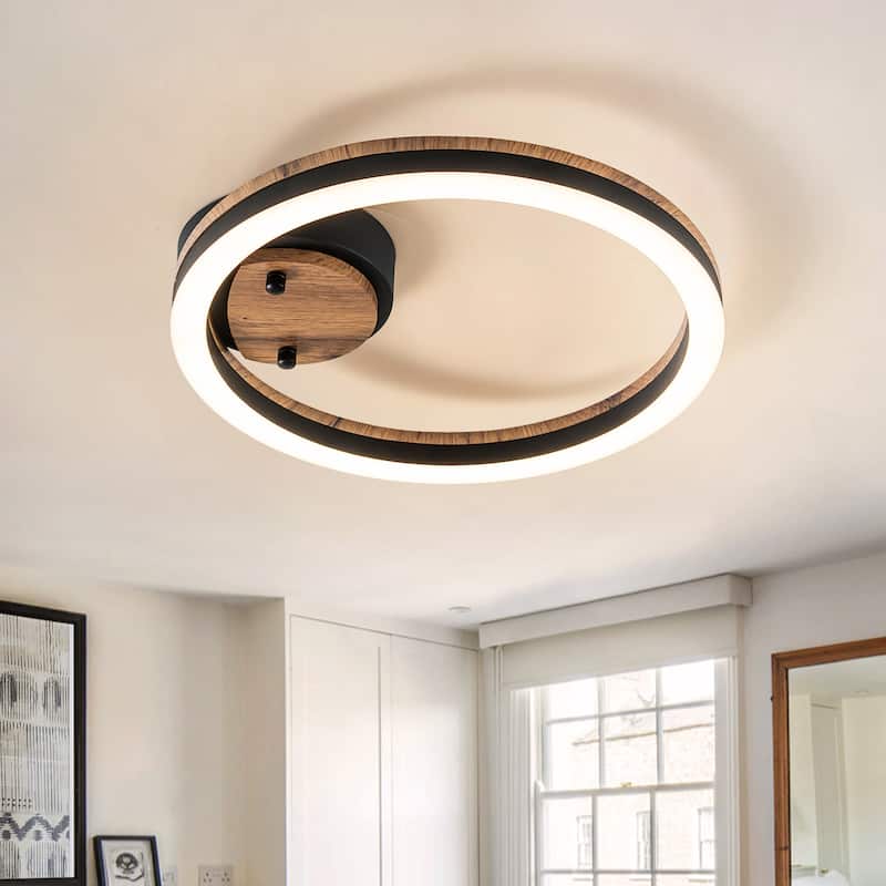 Modern Farmhouse 1-Light Wood LED Flush Mount Ceiling Light - 11.8 in. W X 11.8 in. D X 2.4 in. H - Circle