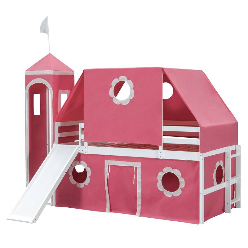 Full Size Loft Bed with Castle Tower, Slide, and Play Tent, Solid Pine Wood Construction with Spacious Under-Bed Play Area