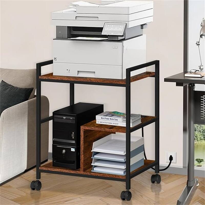 Printer Stand with Charging Station and USB Ports Large 3-Tier - 24"D x 18.62"W x 30.86"H - Brown