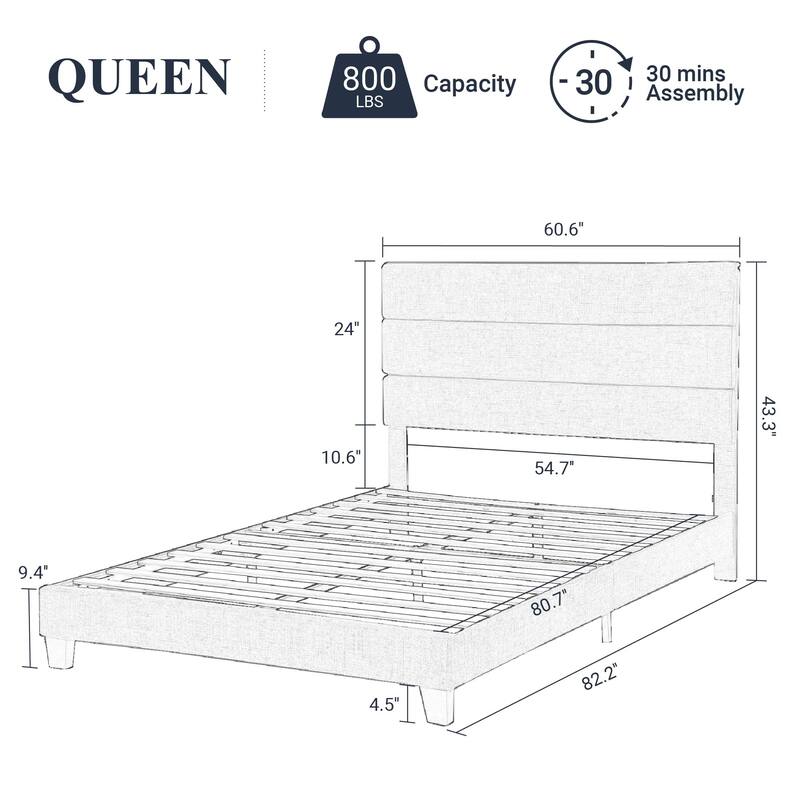 Queen Platform Bed Frame with Fabric Upholstered Headboard and Wooden Slats Support, Fully