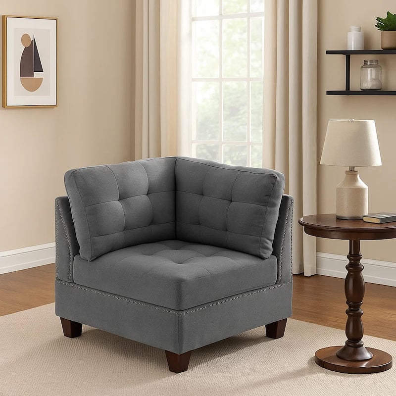 Lemy 32 Inch Modular Corner Sofa Chair, Tufted Gray Upholstery, Solid Wood