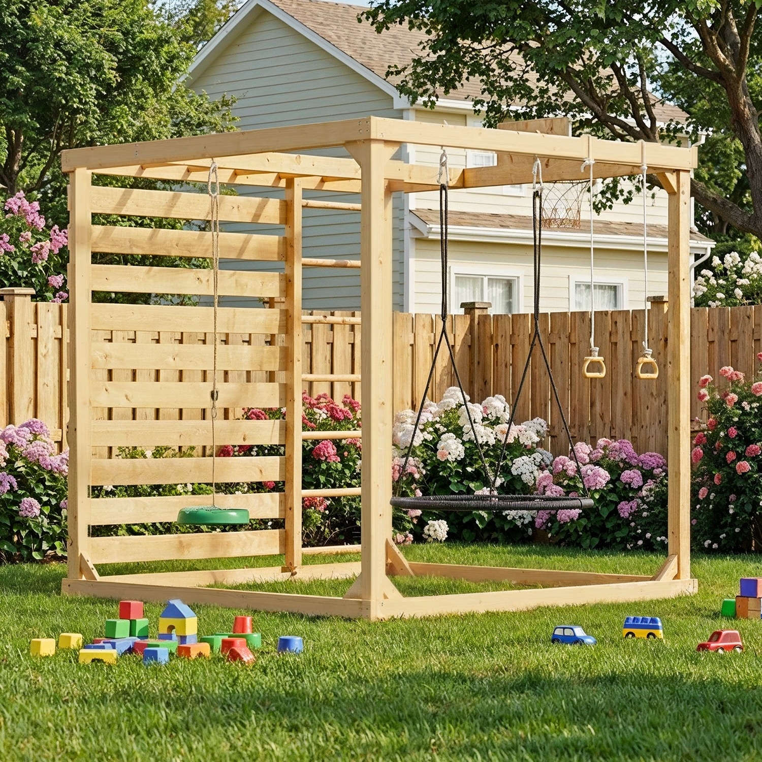 Backyard Playground Set with Rock Climbing Wall, Dual Climbing Ladders, Flying Saucer Swing & Gym Rings, Solid Cedar Wood Frame