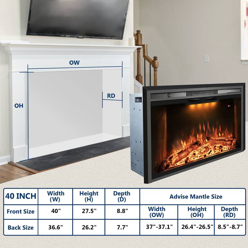 25.3 in. W Recessed Electric Fireplace Insert with Multicolor Flame & Cracking Sound