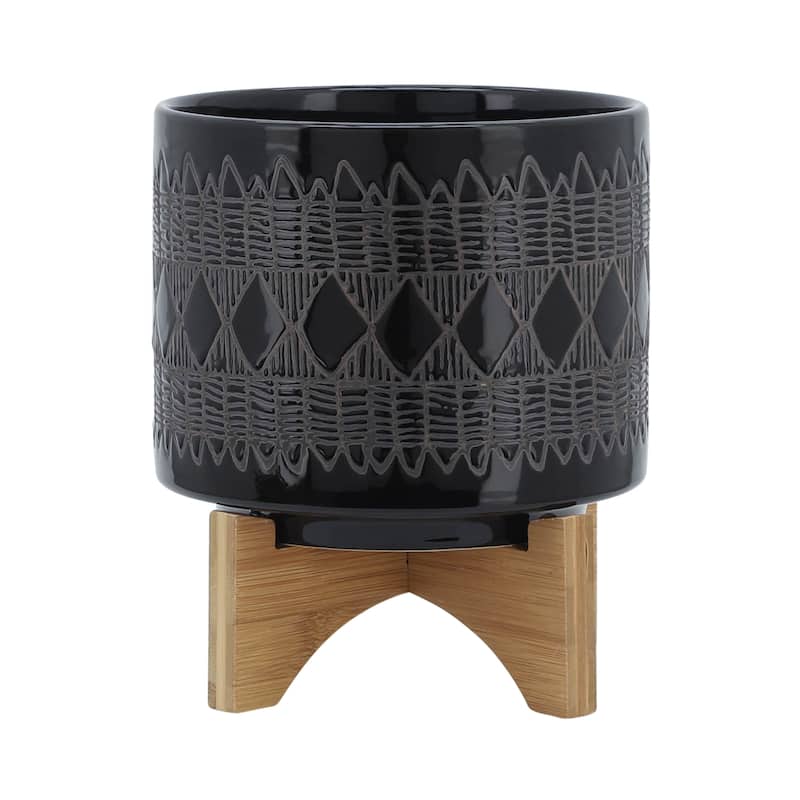 Sagebrook Home Ceramic Planters on Wood Stand - 8"x8"x9" - Aztec Black