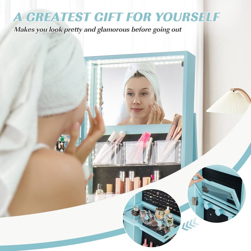Gymax 360° Rotating Mirrored Jewelry Cabinet Armoire 3 Color LED Modes