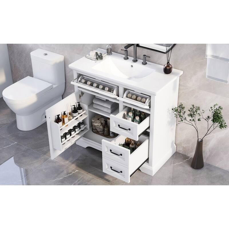 Grey 36-Inch Bathroom Vanity with 2 Tip-Out Drawers, Ceramic Sink, and Painted Finish