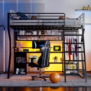 Full Size Metal Gaming Loft Bed with Built-In Work Station, Open Wardrobe, LED and Multiple Storage