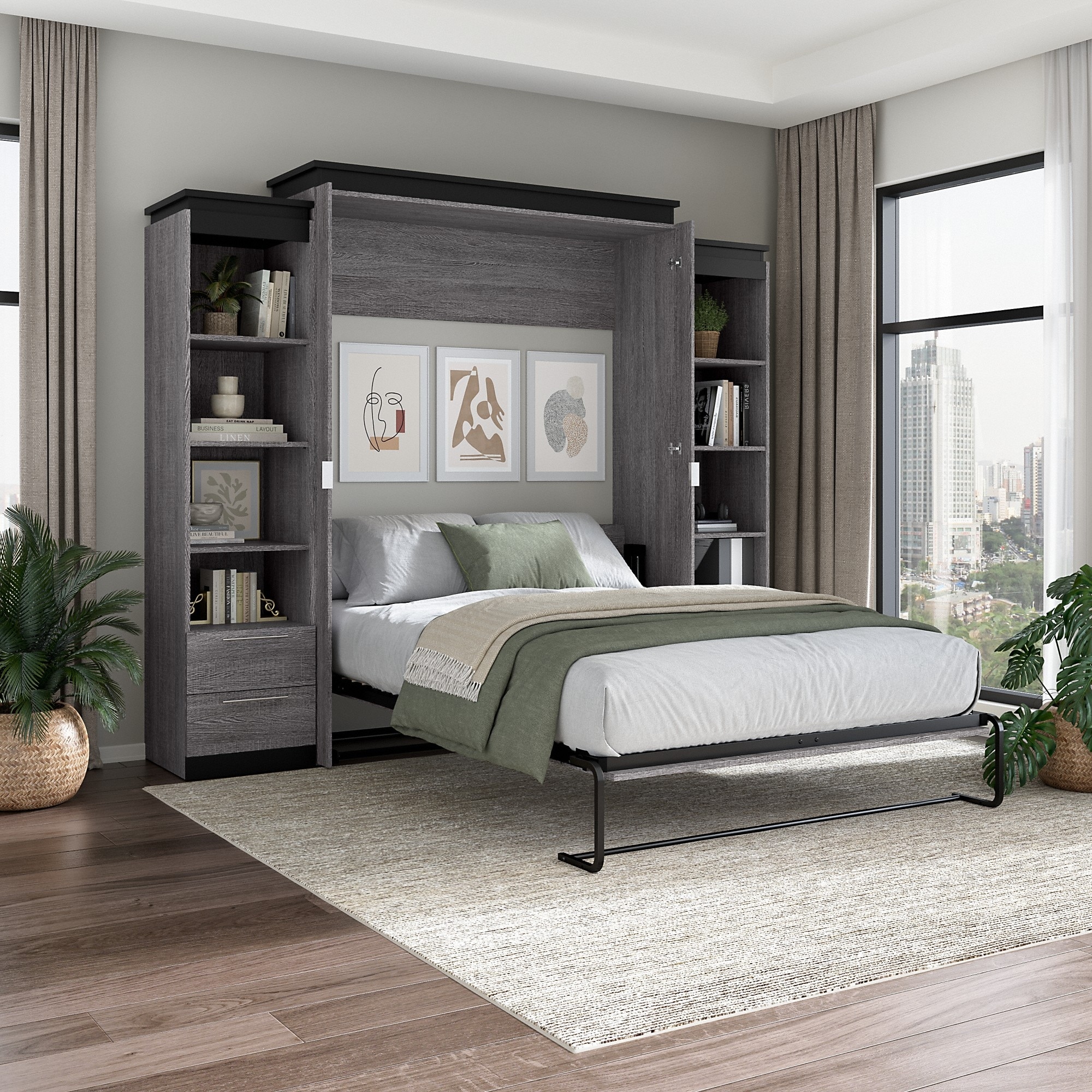 Orion Queen Murphy Bed with Shelves and Drawers 106W by Bestar On Sale Bed Bath Beyond 33133427