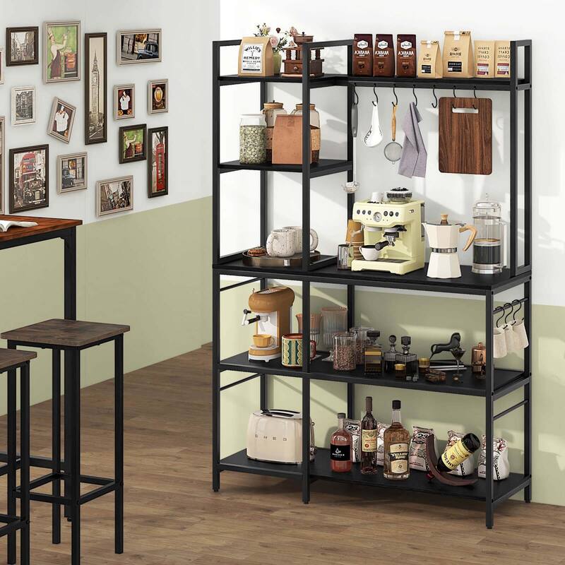 Costway Bakers Rack 5-Tier Coffee Bar Table with 10 S-Shaped Hooks & - See Details