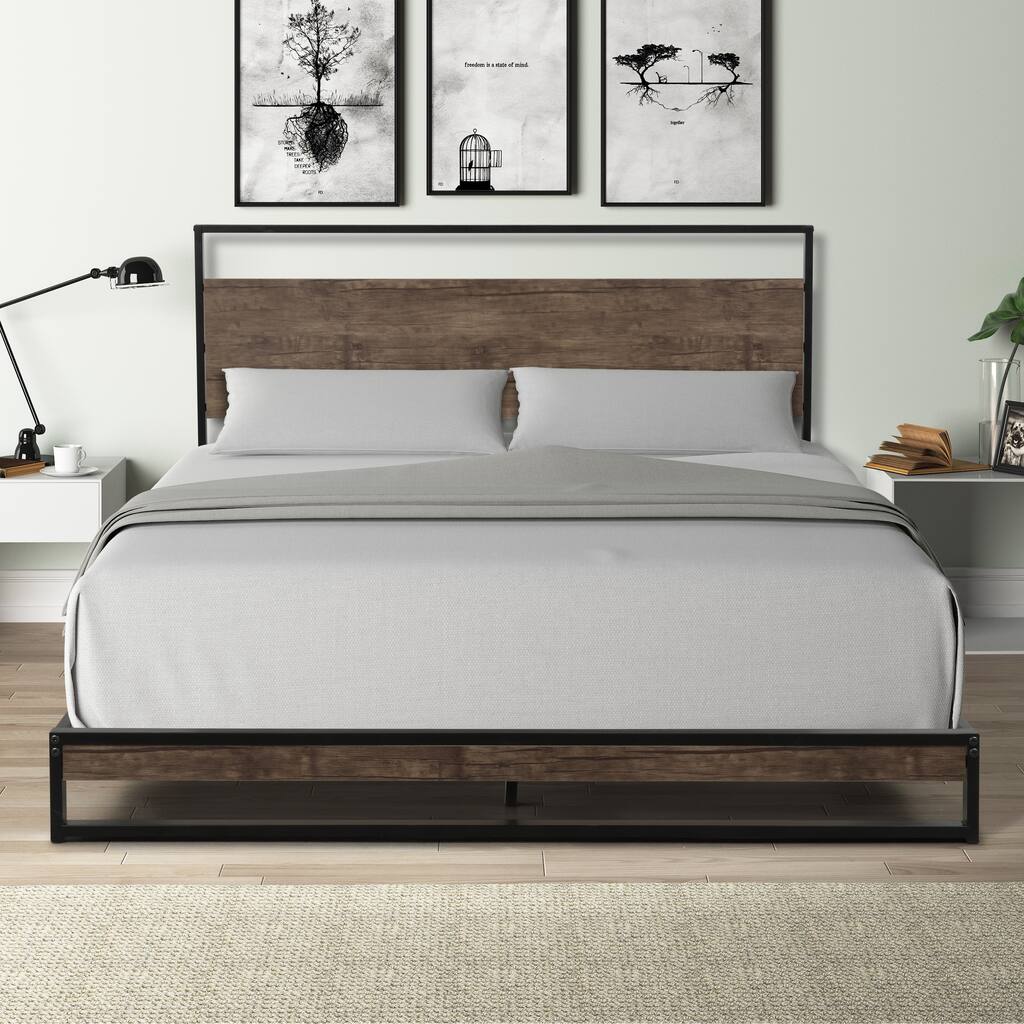 Metal Queen Bed frame with Wood Slats