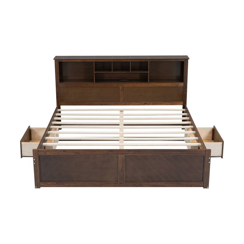 King Size Solid Wood Platform Bed with Storage Headboard, 2 Drawers, USB Charging Station And Reinforced Slats
