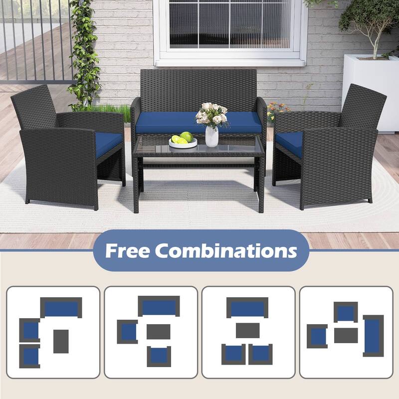 Gymax Set of 8 Patio Conversation Set w/Seat Cushions & Tempered Glass