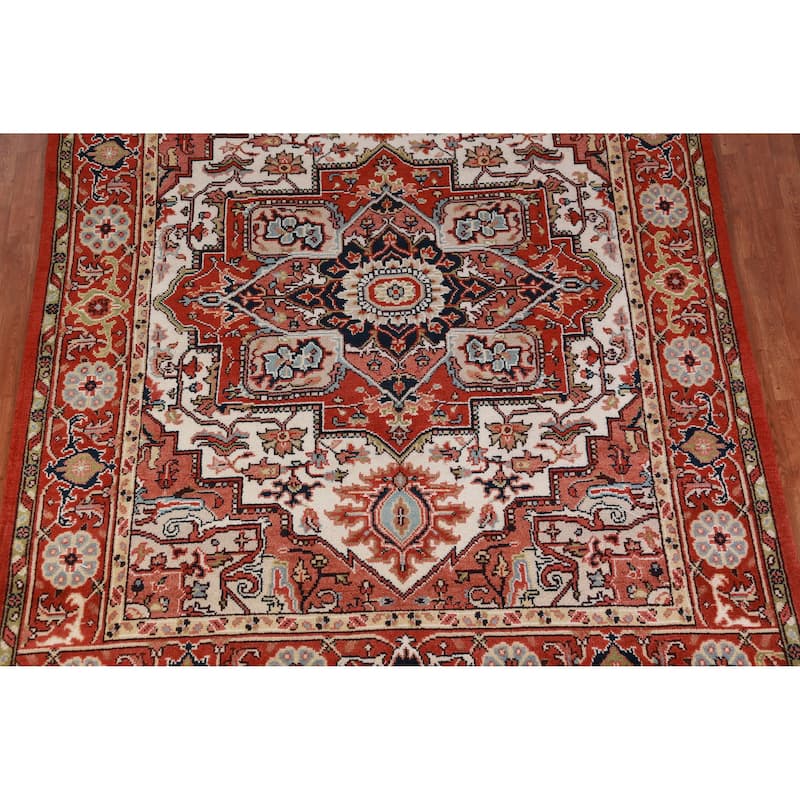 Hand Knotted Oriental 100% Wool Carpet Traditional Medallion Beige & Ivories Heriz (serapi) Area Rug - 10' 3'' X 7' 8''