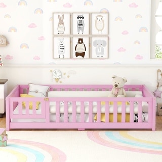 Pink Full Size Bed Floor Bed with Safety Guardrails and Door for Kids