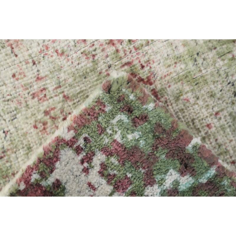Hand Knotted Oriental Viscose Silk Carpet Modern All-Over Green Abstract Area Rug - 4' 0'' X 2' 0''