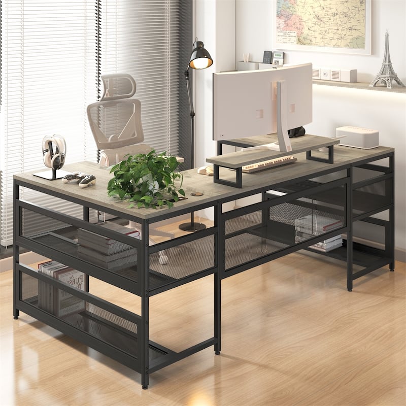 U-shaped Desk with Shelve and LED Lights
