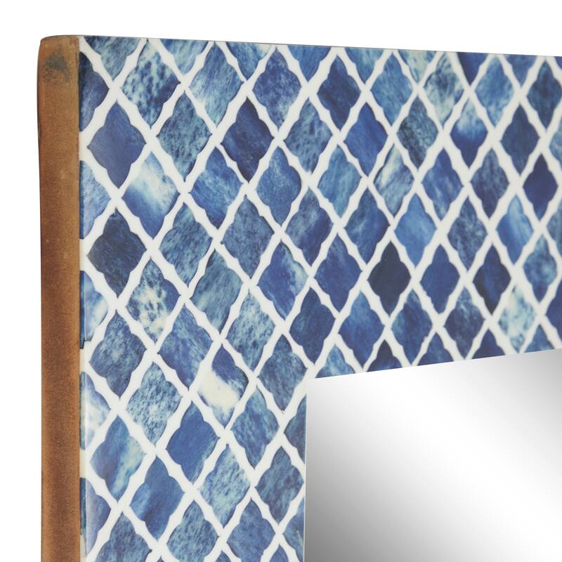 Blue Wood Quatrefoil Room Wall Mirror with Bone Inlay