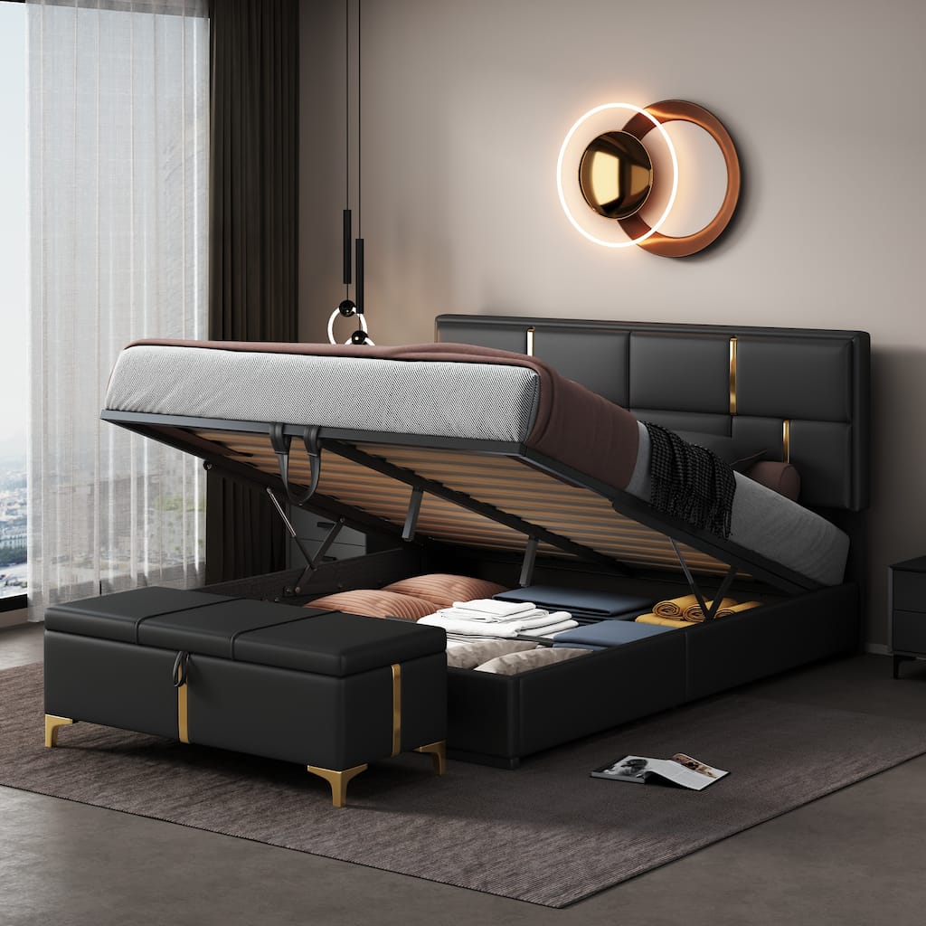 Queen Size Upholstered Platform Bed with Storage Ottoman 2-Pieces Bedroom Sets