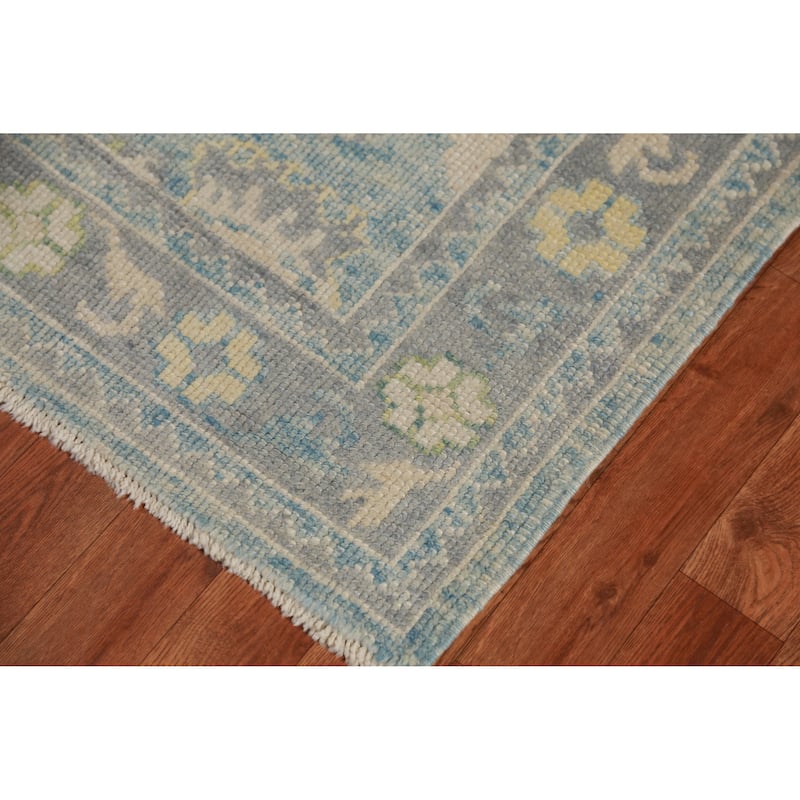 Hand Knotted Oriental 100% Wool Carpet Transitional Floral Navy Blue & Blues Oushak Runner Rug - 20' 2'' X 3' 1''