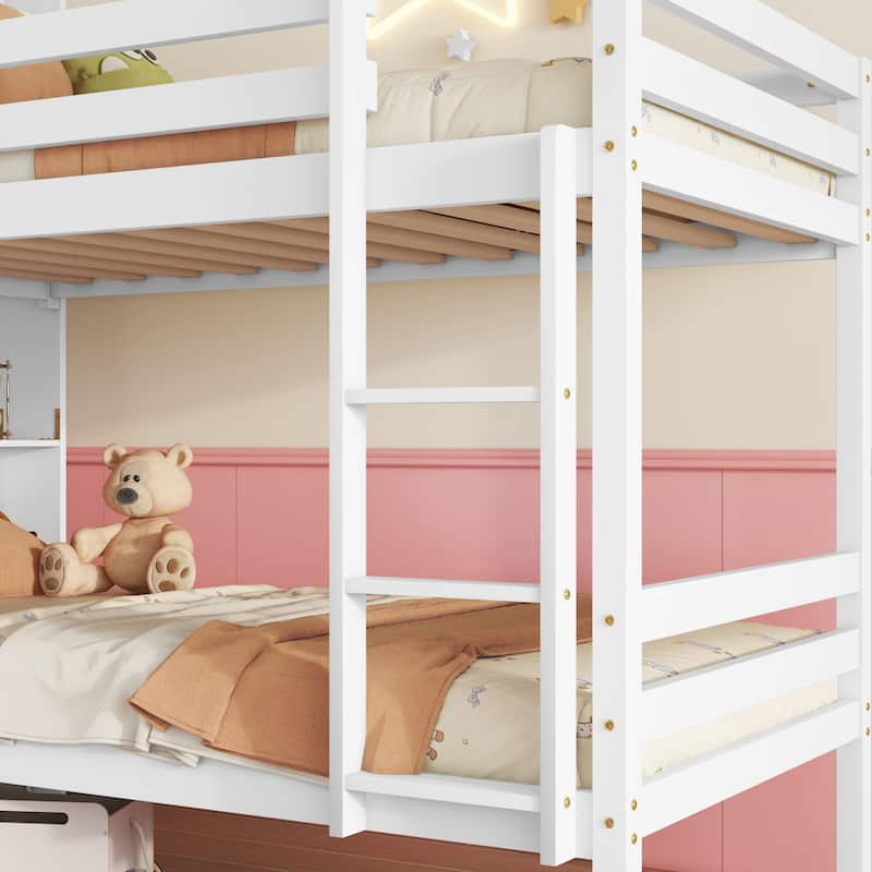 Roomfitters Twin Over Twin Rubber Wood Bunk Bed with Shelves Headboard, Convertible Design, Ladder and Safety Guardrails