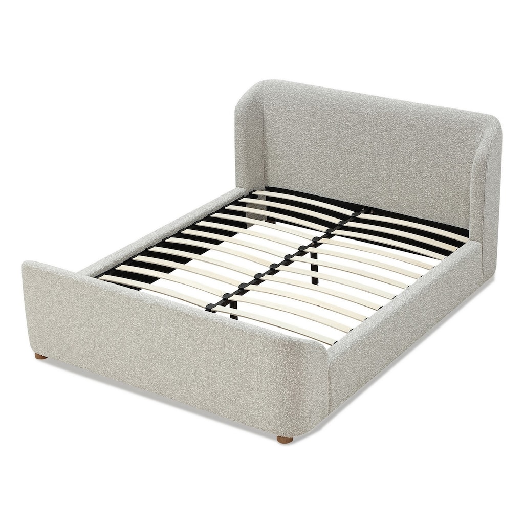 Kaven Modern King Size Platform Bed, Gray Boucle Upholstery, Wingback Panel