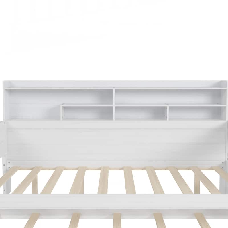 Wooden Full Size Daybed with Storage Shelves, Multi-functional Bed with Twin Size Trundle Bed
