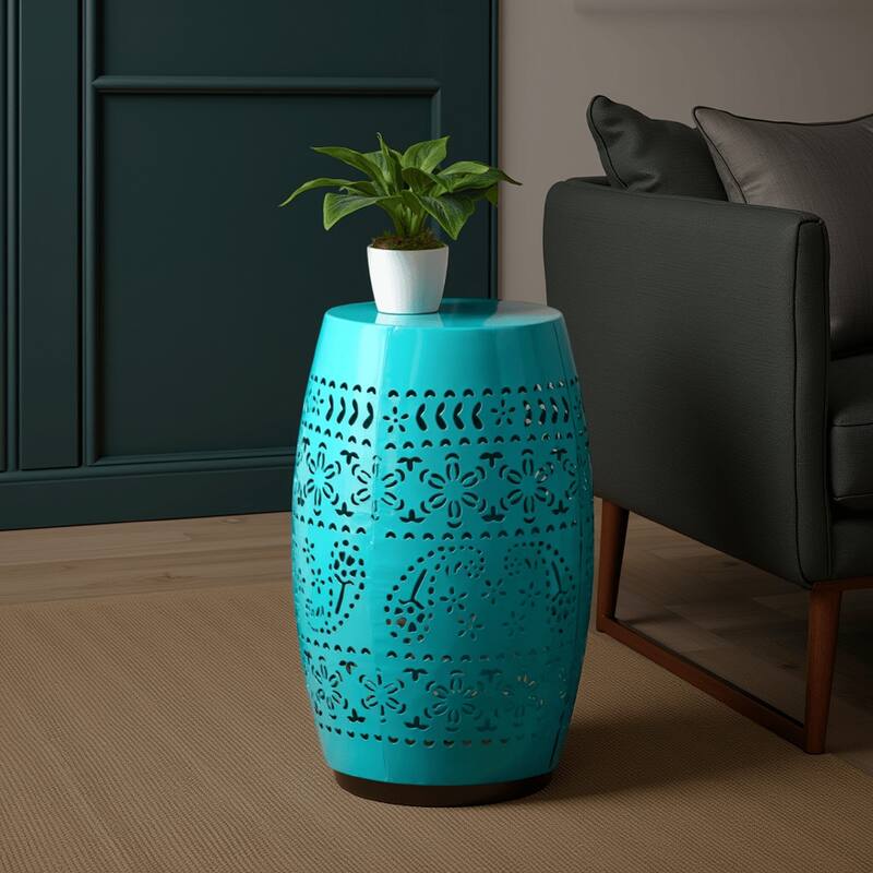 Sola Side Table, Solar Powered Light, 18 Inch Barrel Shaped Teal Iron