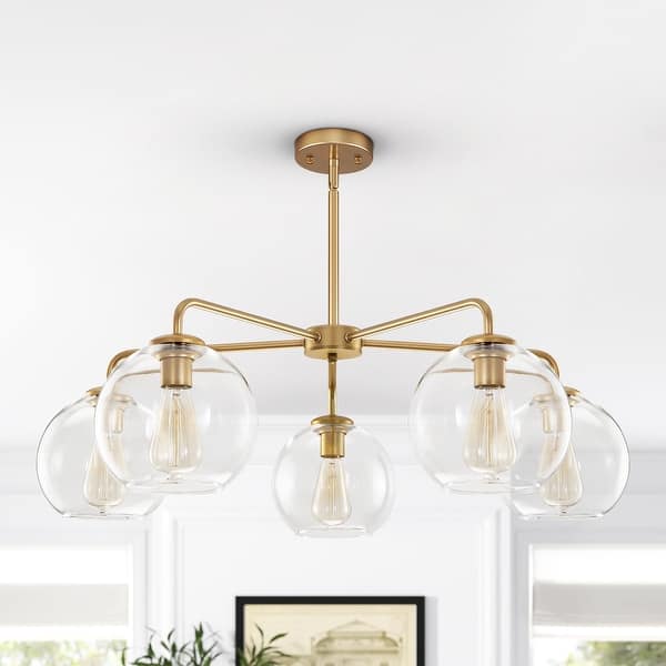 slide 2 of 31, 5-Light Modern Linear Sputnik Branch Kitchen Island Light Clear Glass Globe Bubble Chandelier for Dining Room Gold