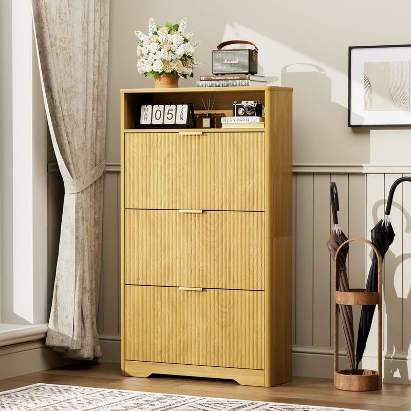 Rossetta Modern Minimalist Wooden Distinctive Vertical-Stripe Design Shoes Storage Cabinet with 3 Flip Drawers