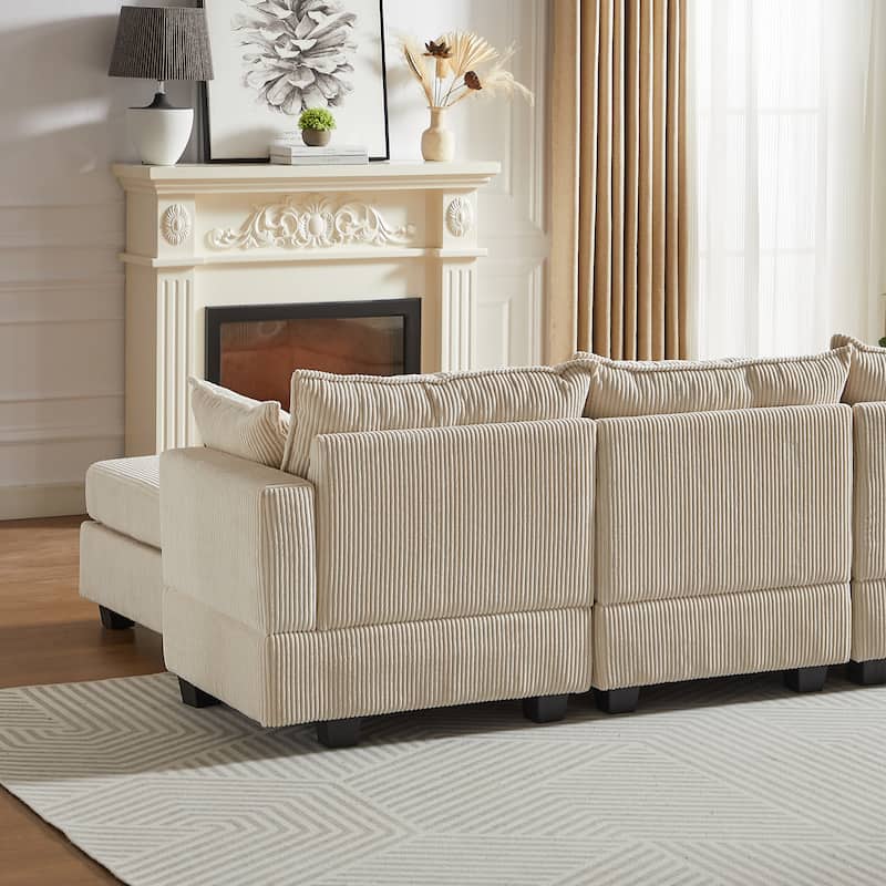 Roomfitters 113.5" Modular Corduroy U-Shaped Sectional Sofa, 6-Seater Convertible Couch with Chaise and Storage Ottoman