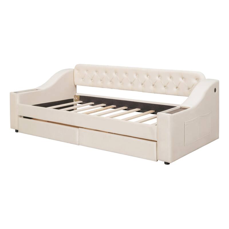 Upholstered Daybed with Storage Armrests and USB Port
