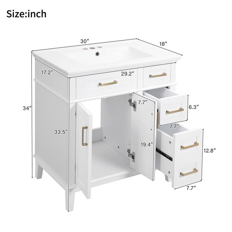 30" Bathroom Vanity with Ceramic Sink, Modern Bathroom Storage Cabinet with Soft-Close Doors, Deep Drawer & Standard Drawer