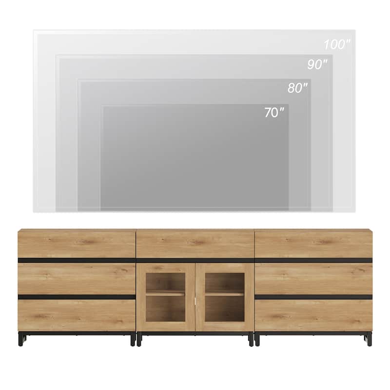 Modern TV Stand for Tvs Up to 100 Inch, 3 In 1 TV Console with Glass Doors and 7 Drawers for Living Room, Bedroom