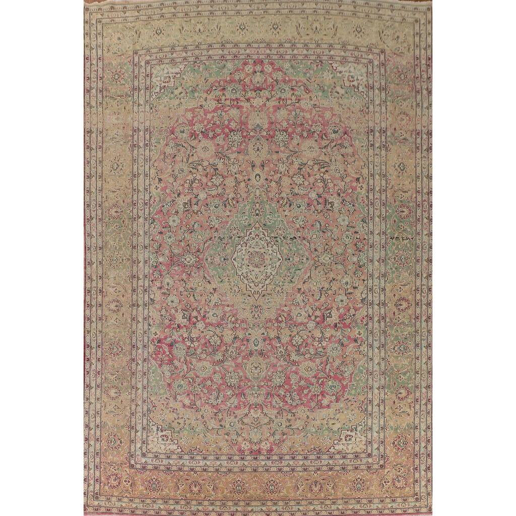Distressed Mashad Vintage Persian Large Rug Handmade Wool Carpet - 9'7" x 13'8"