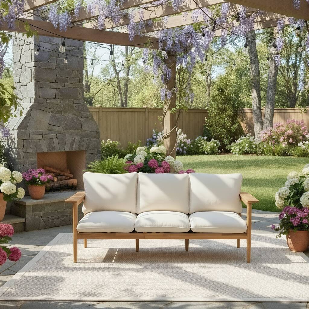 Christopher Knight Home - Terassi Outdoor Acacia Wood 3-Seater Sofa with Wide Armrest & Backrest Support Cushion - 76.25"W