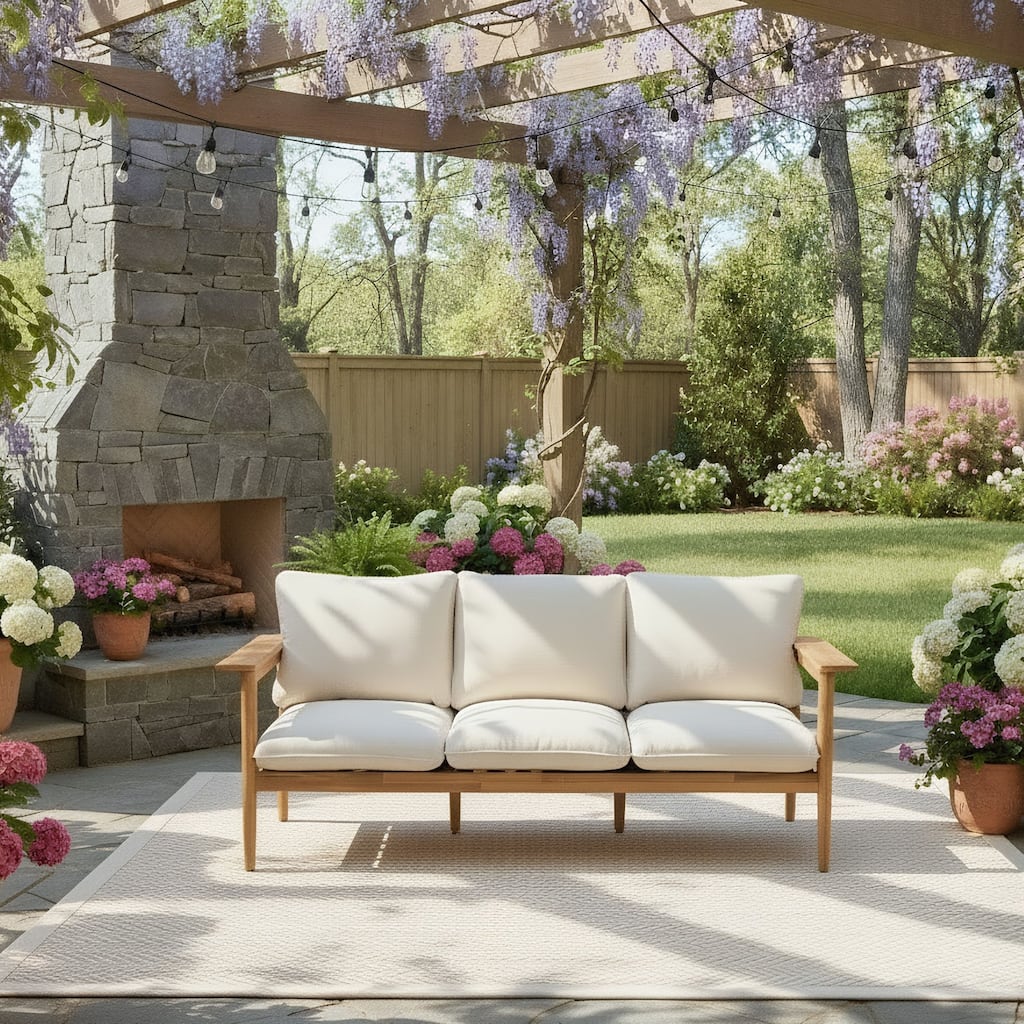 Roomfitters Terassi Outdoor Acacia Wood 3 Seater Sofa with Cushions, Light Teak Finish and Beige