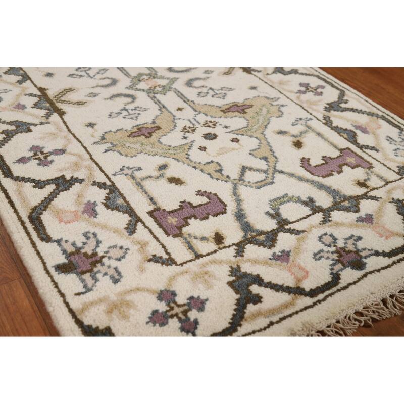 All-Over Ivory Oushak Indian Runner Rug Hand-Knotted Wool Carpet - 2'7"x 8'0"