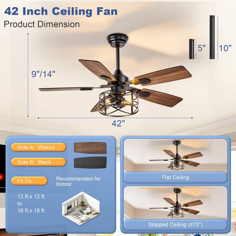42-52Inch Caged Ceiling Fans with Lights: Dual Finish 5 Blades - Rustic with Remote Control (E26 Bulb Included)